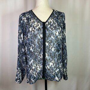 CAbi Fatale Blouse Style 977 Blue Black Leopard Print Long Sleeves Size XS